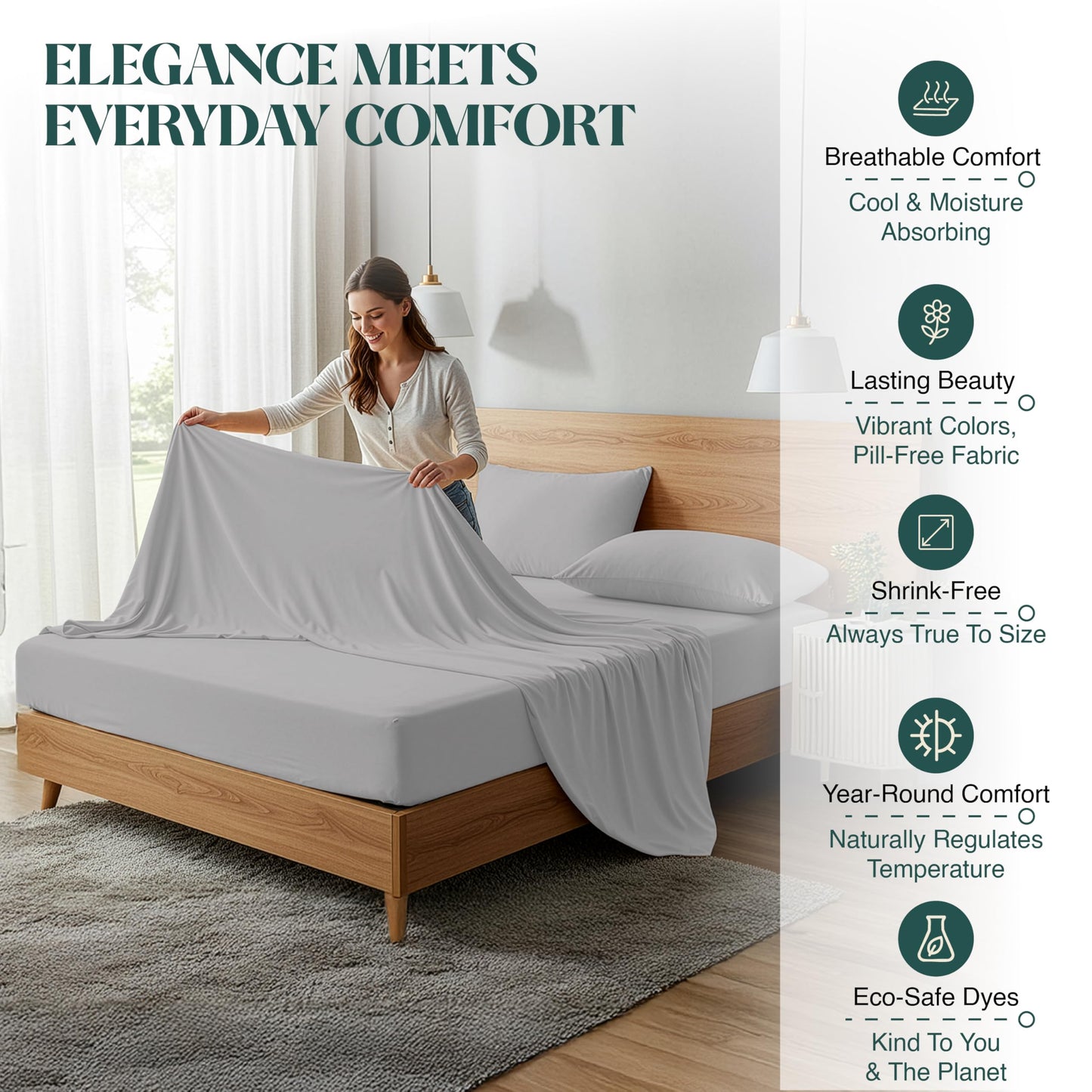 BlissBay Weave 100% Egyptian Cotton Sheet Set Queen Size 4 PCs Sateen Weave Cooling Soft Wrinkle Resistant 18 inches Deep Pocket | 1 Fitted Sheet, 1 Flat Sheet, 2 Pillowcases | Silver