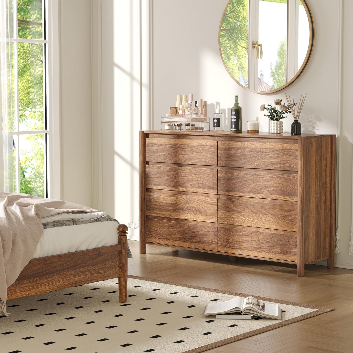 CHUWELL Walnut Dresser for Bedroom，55" Wide Mid Century Chest of Drawers with 8 Large Storage Space and 4 Solid Wood Cylindrical Legs,8 Drawer Large Dresser for Bedroom