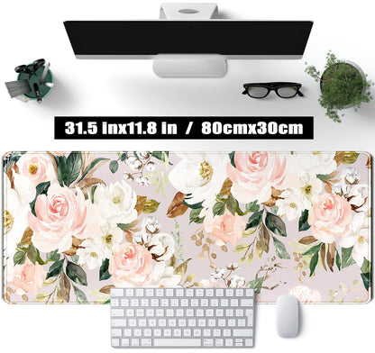 Pink Flowers Keyboard Pad PC Gaming Desk Mat Desk Mouse Pads Green Leaves Floral Mouse Pad Large, Computer XL Big Mousepad Deskpad Mat with Stitched Edge for Women Home Office Decor 31.5x11.8 in