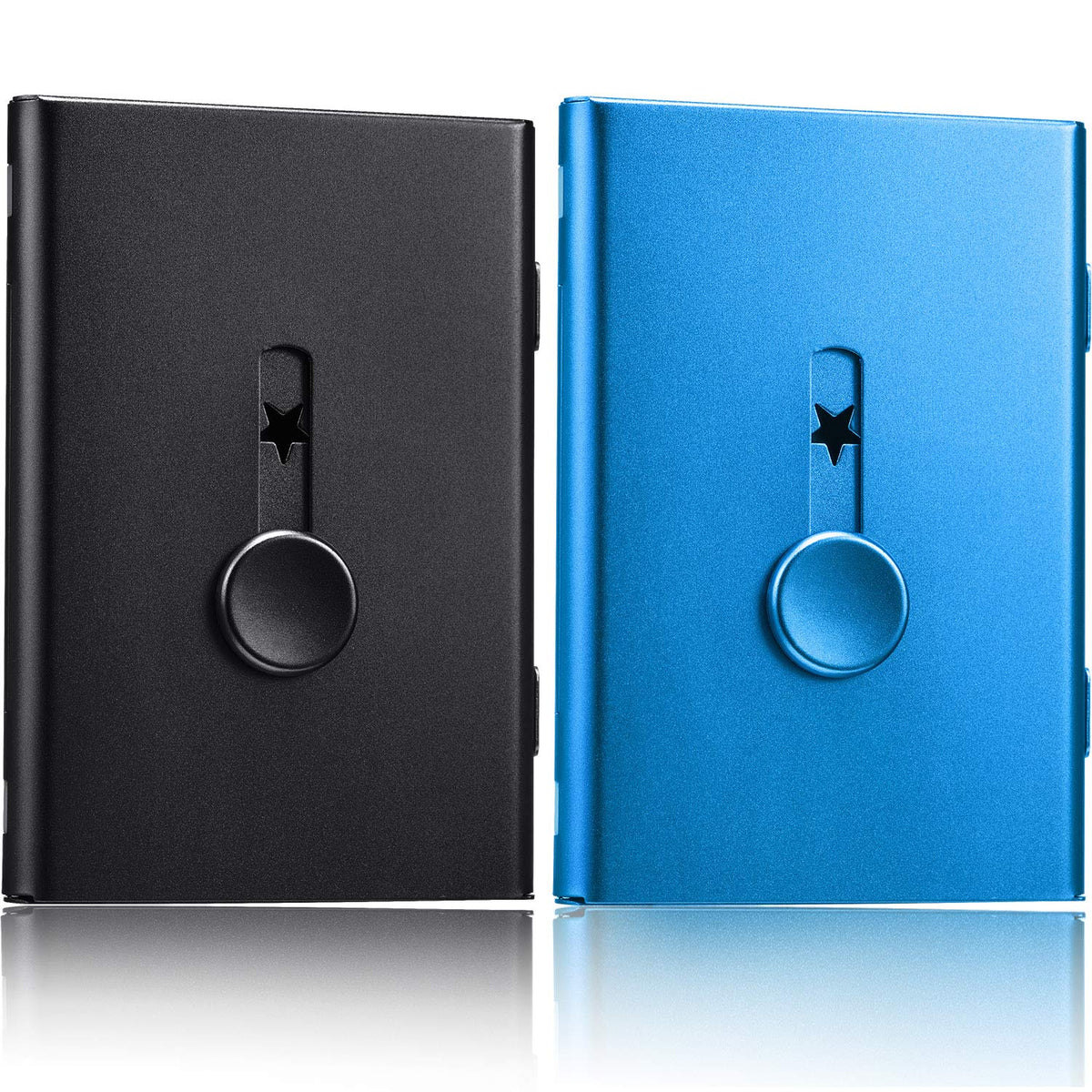 Tatuo 2 Pcs Black/blue 2 Pack Thumb Drive Business Card Holder Stainless Steel Business name Card Case Portable Slide Out name holder Wallet Nice Design pocket for Men and Women