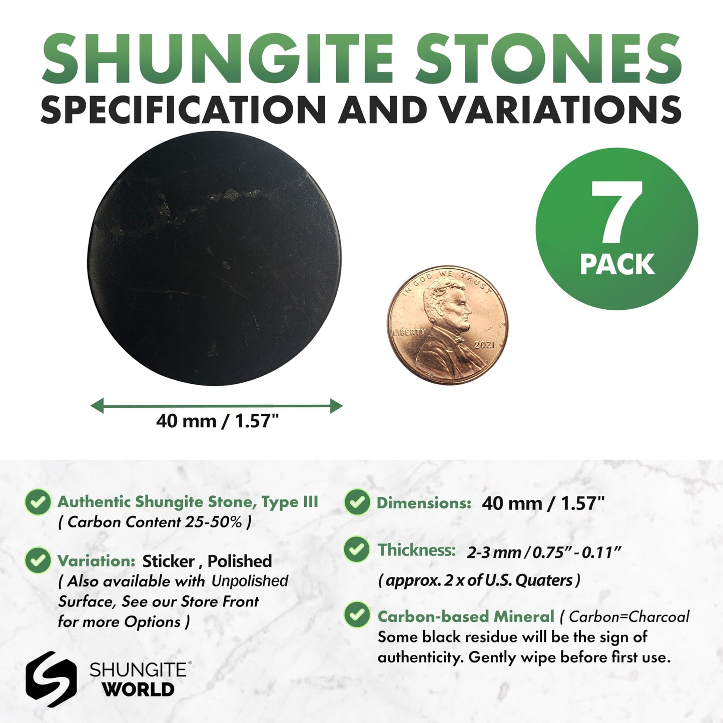 Shungite World 7 pcs Authentic Shungite Stickers Polished 40 mm / 1.57" Genuine Healing Energy Stone Protection Plate for Cell Phone Case Tablet Laptop Computer Noble Gemstone Protector Crystal