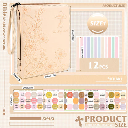 Bible Cover Case for Women Khaki Leather Floral Bible Storage Bag with Highlighters Tabs for Girls Bible Study Supplies Accessories Christian Gifts