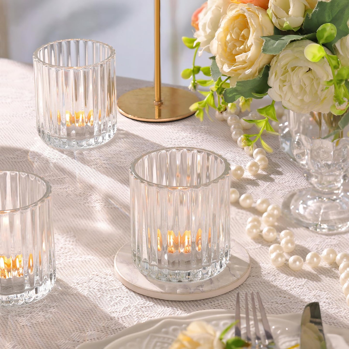 Lanttu 8 Pcs Glass Large Votive Candle Holders, 2.89 * 3.08in Tea Lights Candle Holders for Wedding Table Centerpieces, Boho Home Dinner Birthday Party Decor, Bridal Shower Holiday Decorations