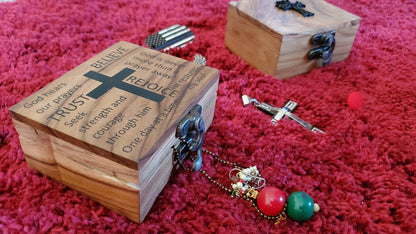 JB&C Premium Jewelry Box - Small Wooden Rosary Box Holder, 3.75 x 3 x 2 inches for First Communion, Prayer Cross Trinket Box, Decorative Jewelry Storage
