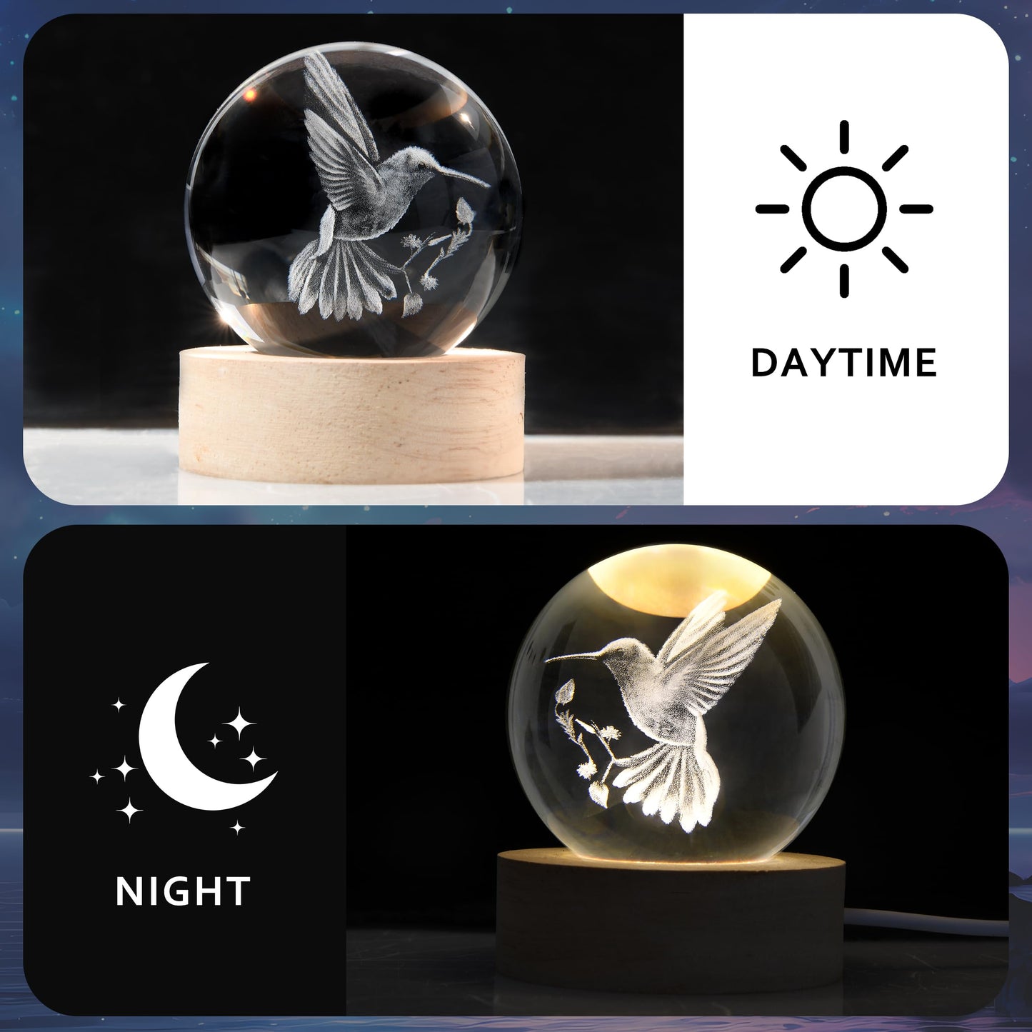AOFEGRLT 3D Laser Engraved Bird Crystal Ball with LED Stand, 60mm Hummingbird Figurine Lamp Night Light, Glass Hummingbird Globe Paperweight Gift