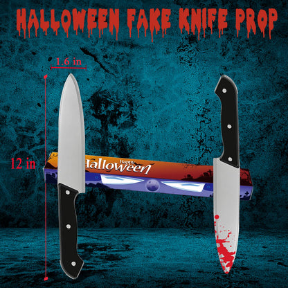 Nlcoek 2Pcs Halloween Fake Knife Prop,Fake Knife,Halloween Classic Horror Props Kills Butcher Knife Prop (Silver+red)