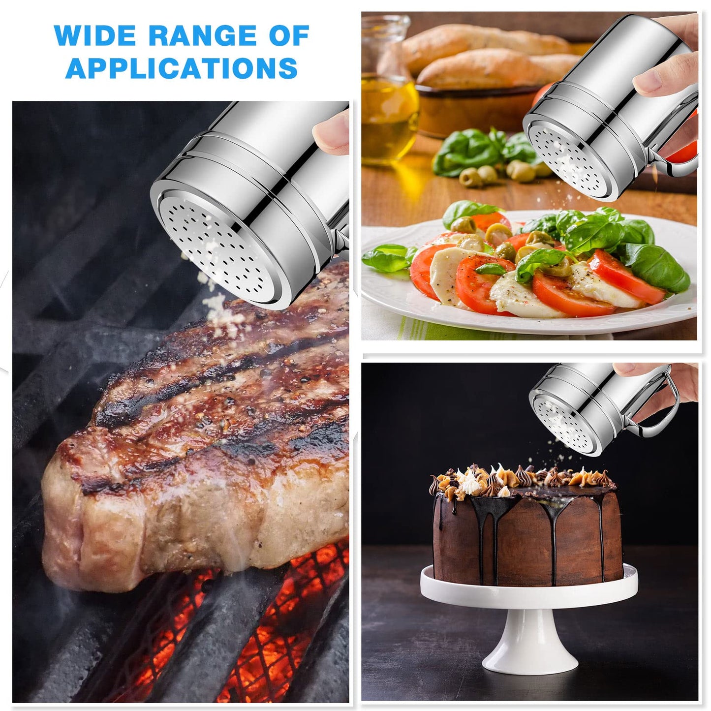 Lallisa 6 Pcs 10oz Stainless Steel Salt and Pepper Shakers with Lid and Handle Dredge Spice Seasoning Condiment Popcorn Salt Shaker Powder Sugar Flour for Cooking Kitchen Baking