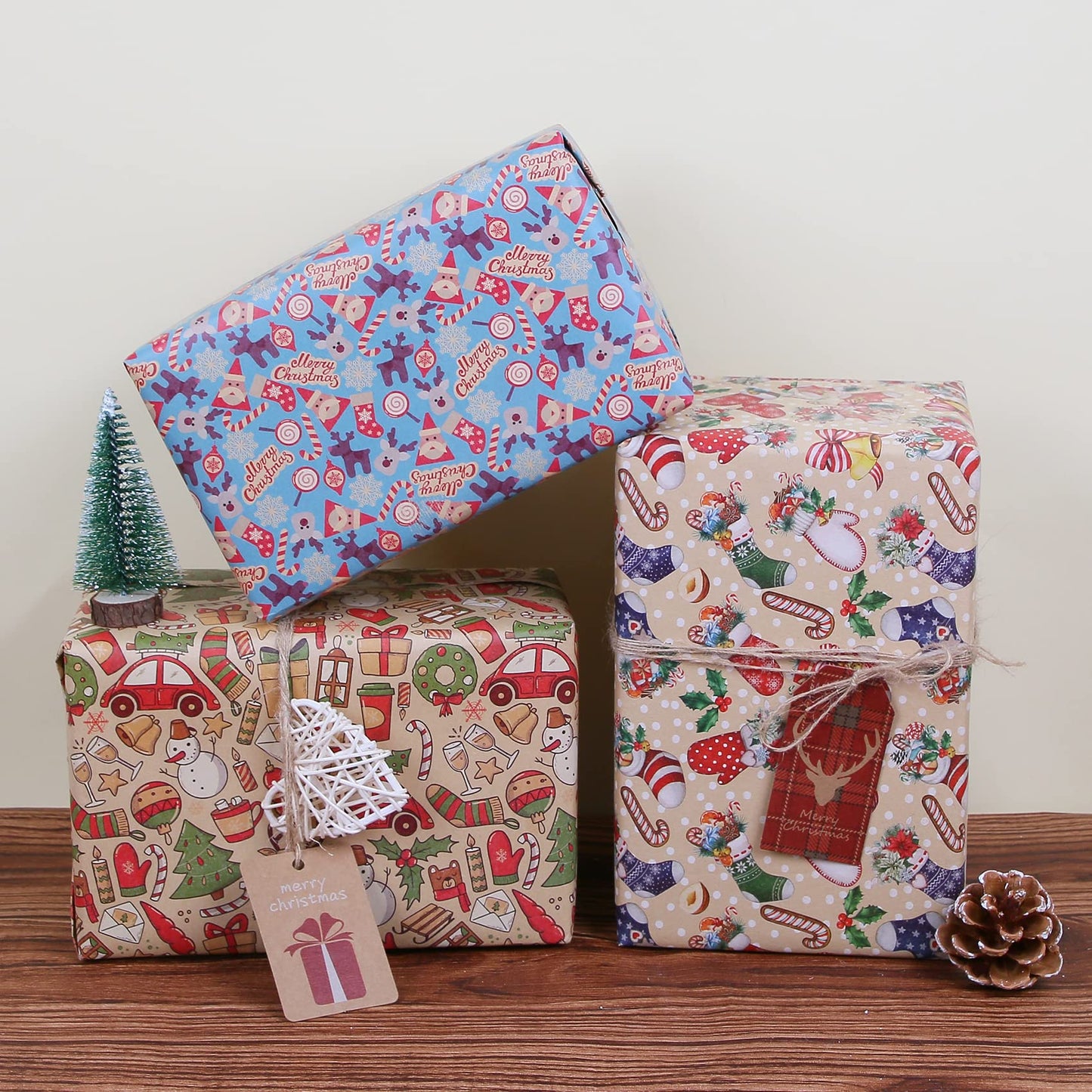 Aimyoo Kraft Christmas Wrapping Paper Jumbo Roll, Christmas Stockings Candy Canes Gloves Designs, Kids Xmas Gift Wrap Paper 17 in x 32 ft