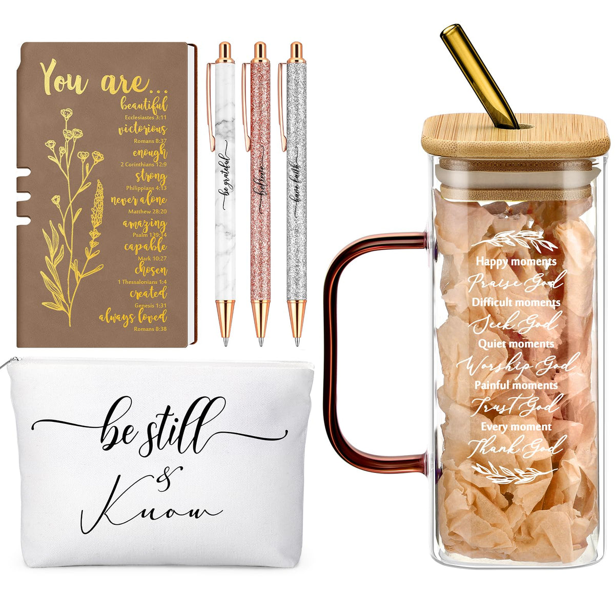 Skylety 6 Pcs Christian Gifts Set for Women Prayer Journal with Pens Makeup Bag Glass Cup Bible Study Supplies for Church Office Teacher Mother's Day Birthday Graduation Religious Gifts(Brown)