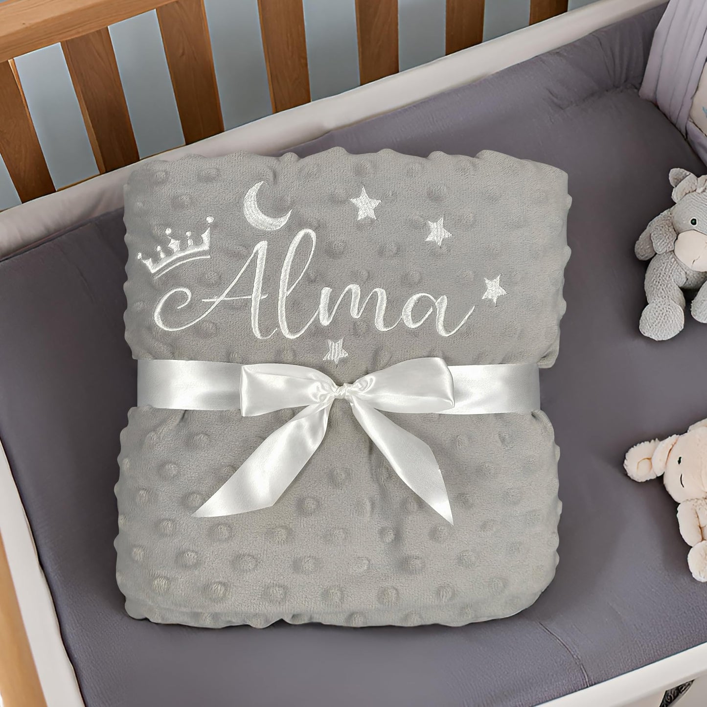 Personalized Baby Blanket, Custom Embroidered Blanket with Name, Newborn Baby Gifts, Customized Baby Nursery Bed Blankets, Soft Minky Fleece Crib Blankets for Toddlers, 27 * 35 inch-Grey