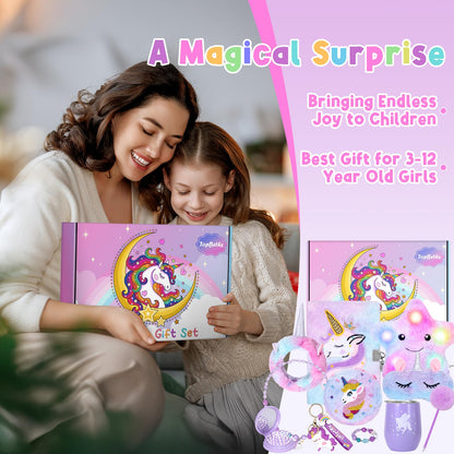Unicorns Gifts for Girls Age 5 6 7 8 9 10 Years Old, Kids Unicorn Toy with Light Up Plush Star Pillow, Diary, Headband, Eye Mask, Water Bottle, Teen Soft Plush Toys Set for Birthday Gift Christmas