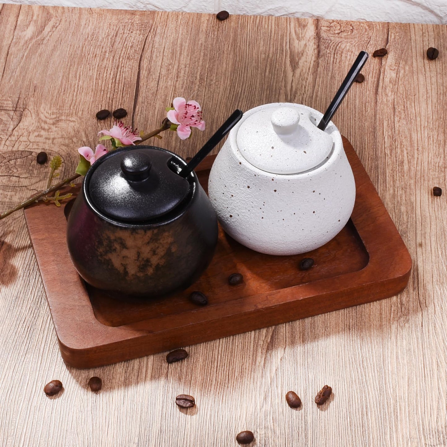 BOSILI Sugar Bowl with Lid and Spoons, 3.9" Rustic Reactive Kiln-Glaze Spice Jar, Black & Brown Porcelain Condiment Pot for Salt, Jam & Seasonings, Textured Stoneware Salt Cellar for Kitchen & Cafe