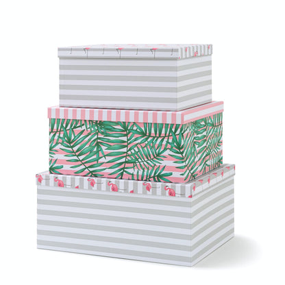 SLPR Decorative Cardboard Storage Boxes With Lids For Home Décor, Set of 3 Pink Flamingo Paperboard Nesting Gift Boxes, Palm Leaves Large Picture and Photo Storage for Keepsakes