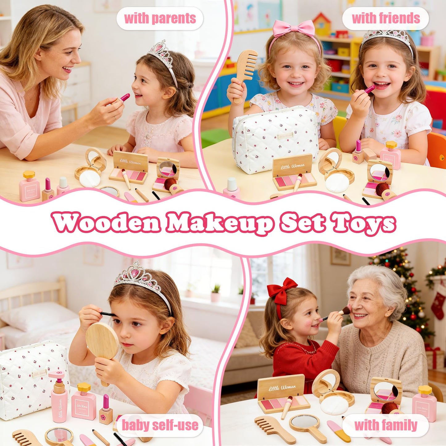 Treasdamic Wooden Makeup Toy Set for Girls - Pretend Play Makeup Kit for Toddlers 3-5 with Eyeshadow/ Mascara/ Perfume/ Blush/ Mirror/ Bag, Birthday Gifts for Girls Toys Kids Aged 3 4 5 6 7 8