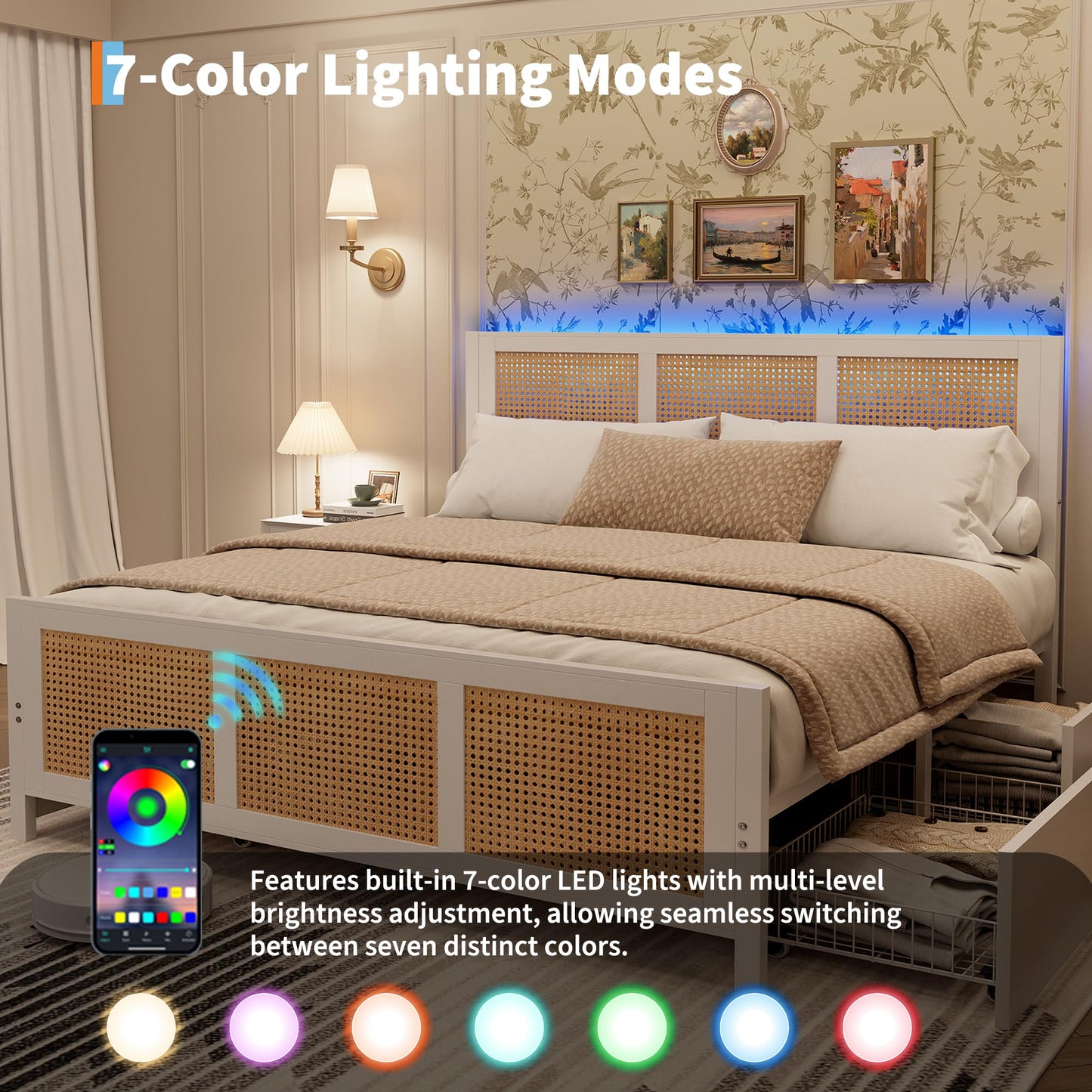 Garvee Rattan Full Bed Frame with LED Headboard (7 Colors), Boho Cane Platform Bed with 4 Large Drawers, Strong Metal Slats Support, Noise Free, No Box Spring Needed, Easy Assembly, White