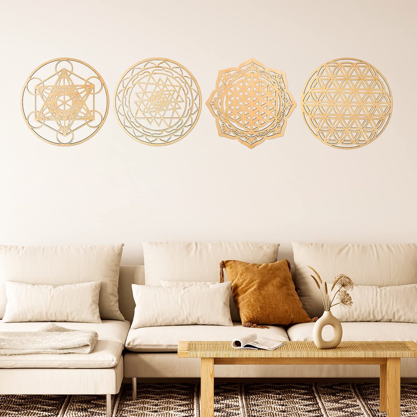 Youyole 4 Pcs 12 Inch Sacred Geometry Wood Wall Art Set Crystal Grid Board Zen Metatron Cube Sri Yantra Flower of Life Mandala Flower of Life Zen Wooden Wall Hanging Decor for Home Room