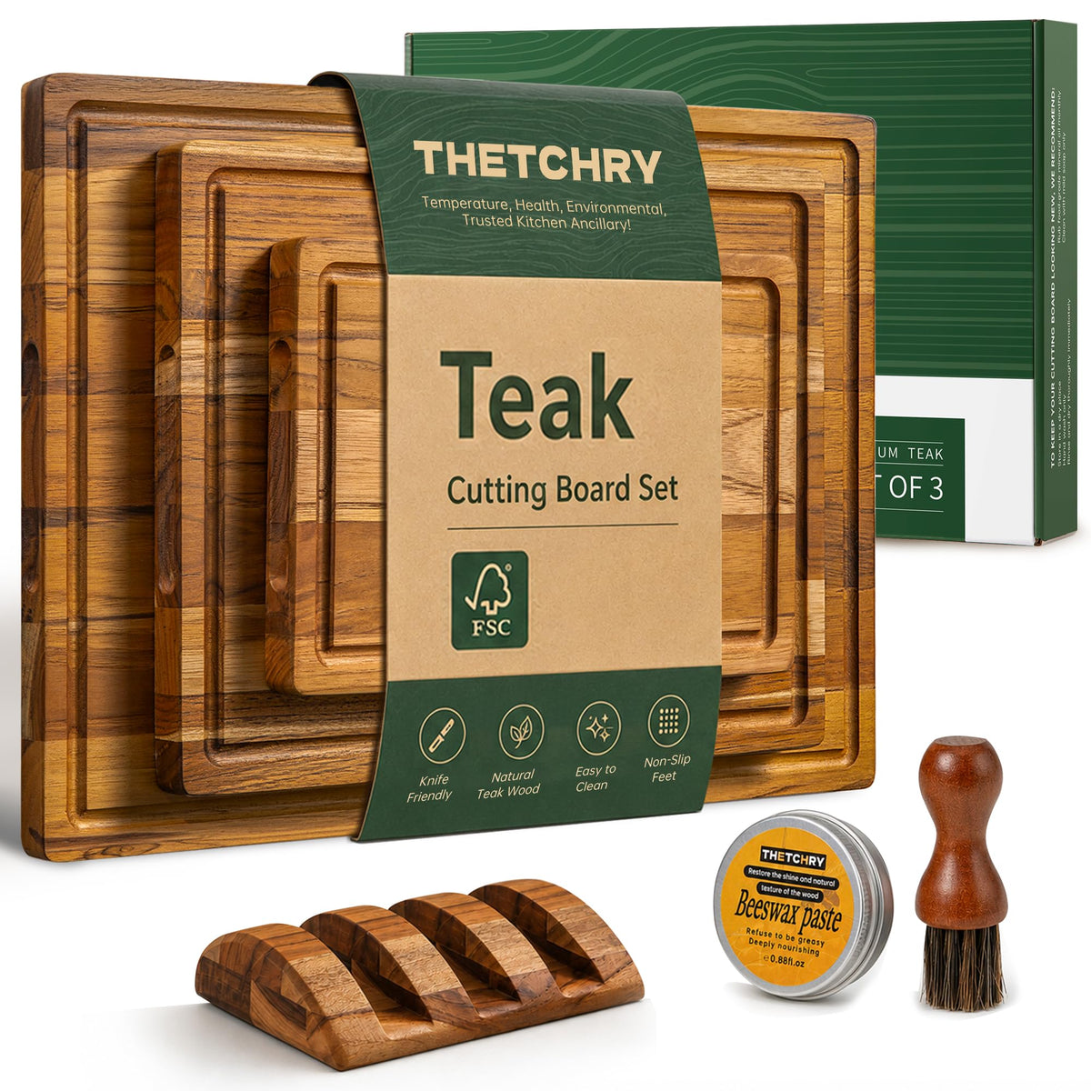 THETCHRY Teak Wood Cutting Board Set of 3 Wooden Cutting Boards for Kitchen