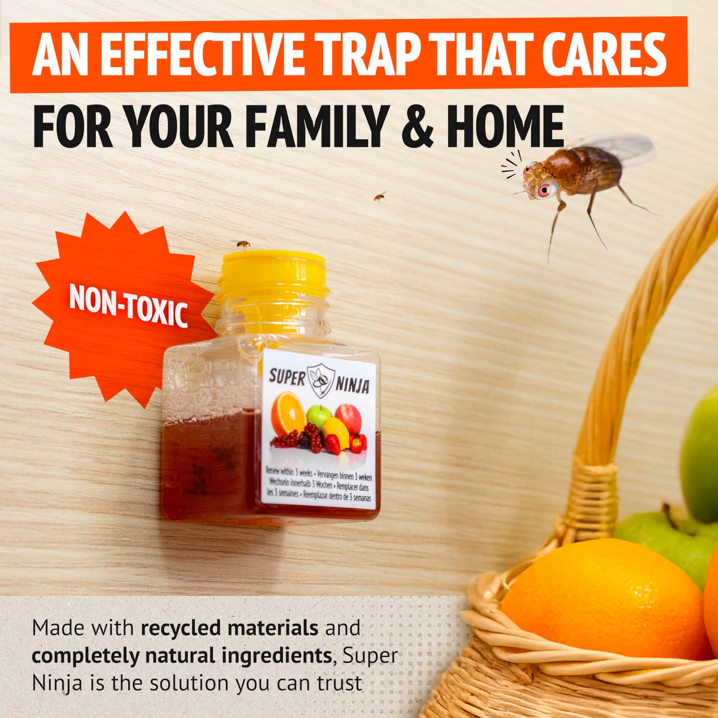 Super Ninja Fruit Fly Trap - 6 pack, Highly Effective Fruit Fly Killer for Home & Kitchen, Up to 3 Weeks of Performance per Bottle, Child & Pet Friendly