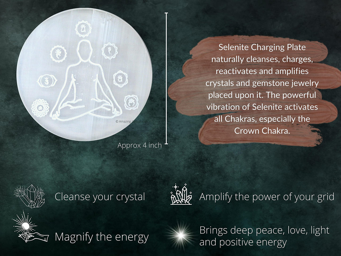 Amazing Gemstone Selenite Crystal Charging Plate for Crystals and Healing Stones, 4" Selenite Crystal Plate Engraved Buddha Coaster for Home, Office Table Decor (Selenite Round Disc)