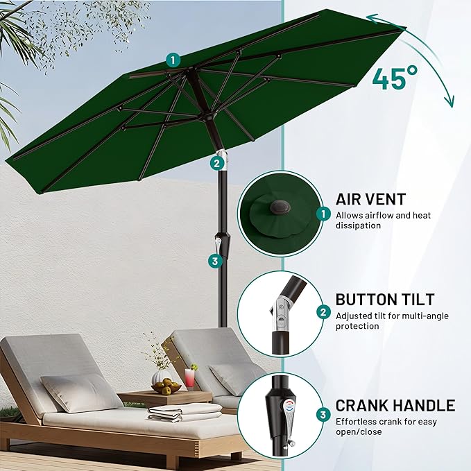 AreShark 9 FT Patio Umbrella for Outdoor, Outdoor Table Umbrella with Push Button Tilt and Crank, Outdoor Patio Umbrellas with 8 Sturdy Ribs for Market, Garden, Pool (Dark Green)