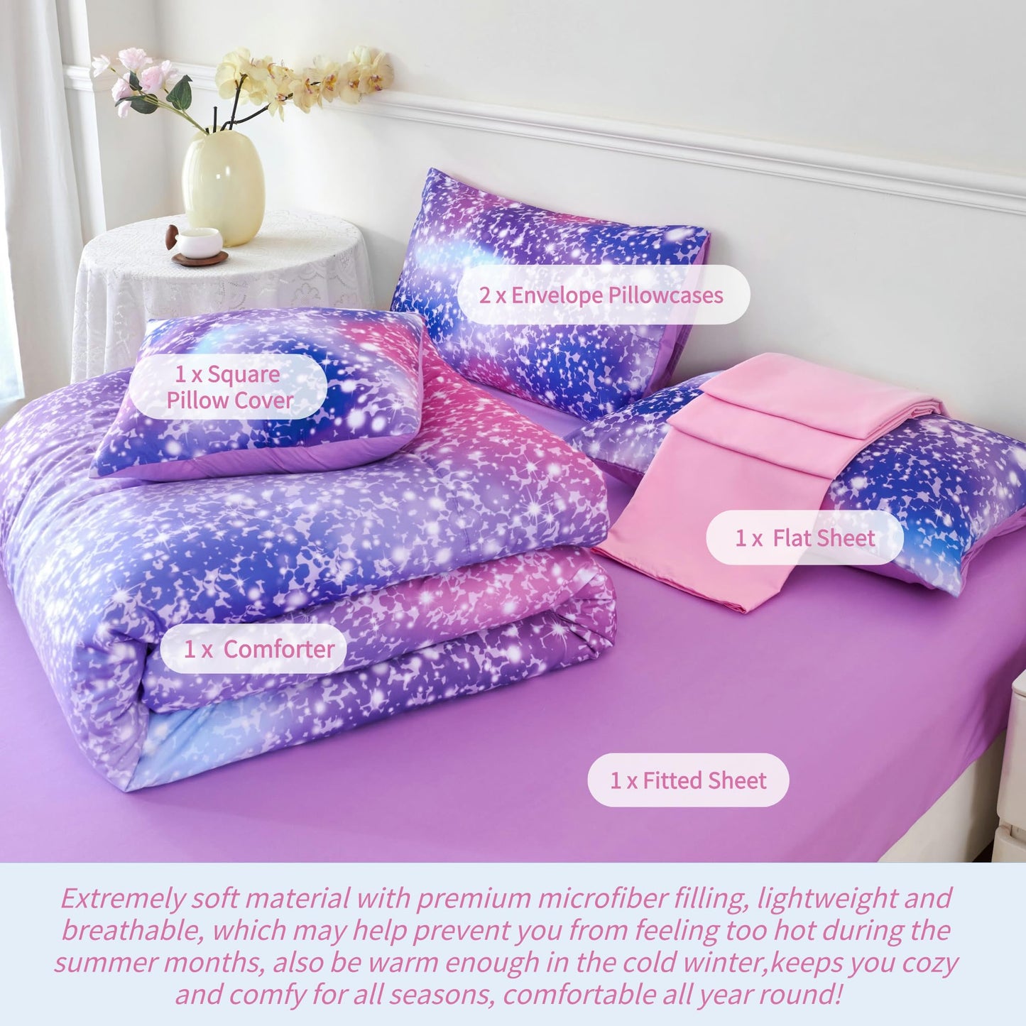 RYNGHIPY 6Pcs Girls Bedding Set Twin Size Purple Rainbow Comforter Set for Kids Teens Girls Glitter Bed in a Bag Lightweight Fluffy