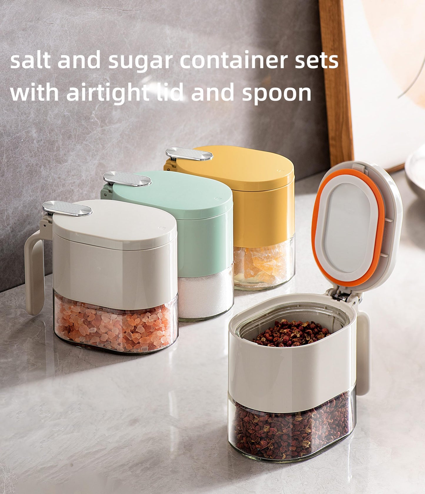 DAHUITX Sugar and Salt Container Set,12.8 oz Spice container with Lid and Spoon, Glass airtight seasoning jars Set of 2,for Kitchen Counter Keeping Sugar,Salts,Spice,Sauce