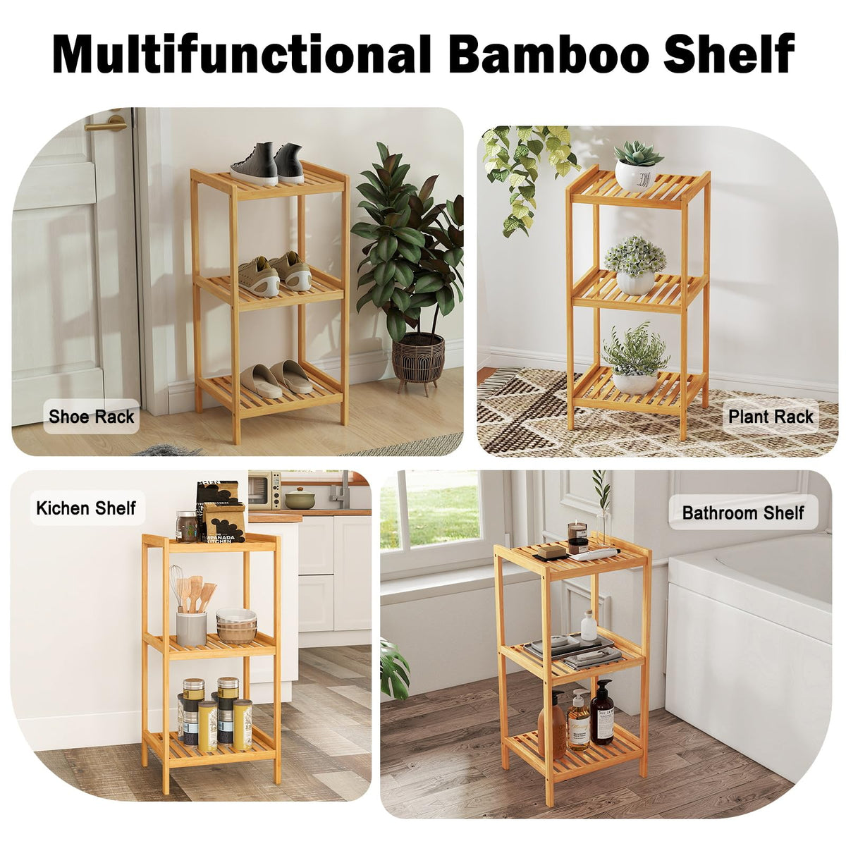 kinbor 3-Tier Bamboo Shelf Freestanding - Space-Saving Bathroom Standing Shelf & Plant Stand, 3 Shelf Bookcase for Kitchen, Living Room, Office (Natural Bamboo, Easy Assembly)