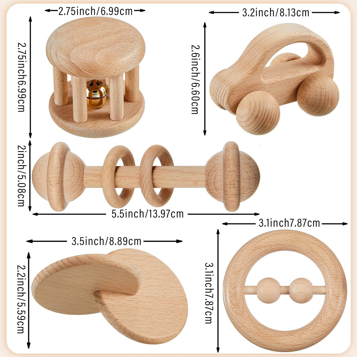 Zhanmai 5 Pcs Wooden Baby Toys Montessori Toys for 0-6-12 Months Sensory Baby Rattles with Bells Push Car Wooden Newborn Boys and Girls Gifts for Toddlers 1-3 Years Infant Grasping Sensory Development