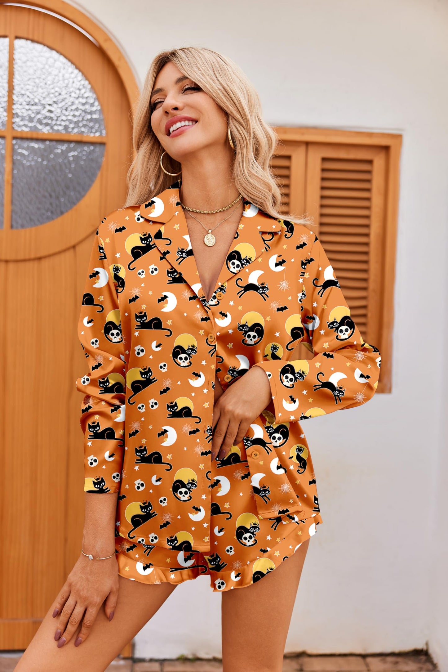 Ekouaer Womens Satin Pajama Sets Long Sleeve Top and Shorts Lounge Set Button Down Sleepwear Striped Halloween L