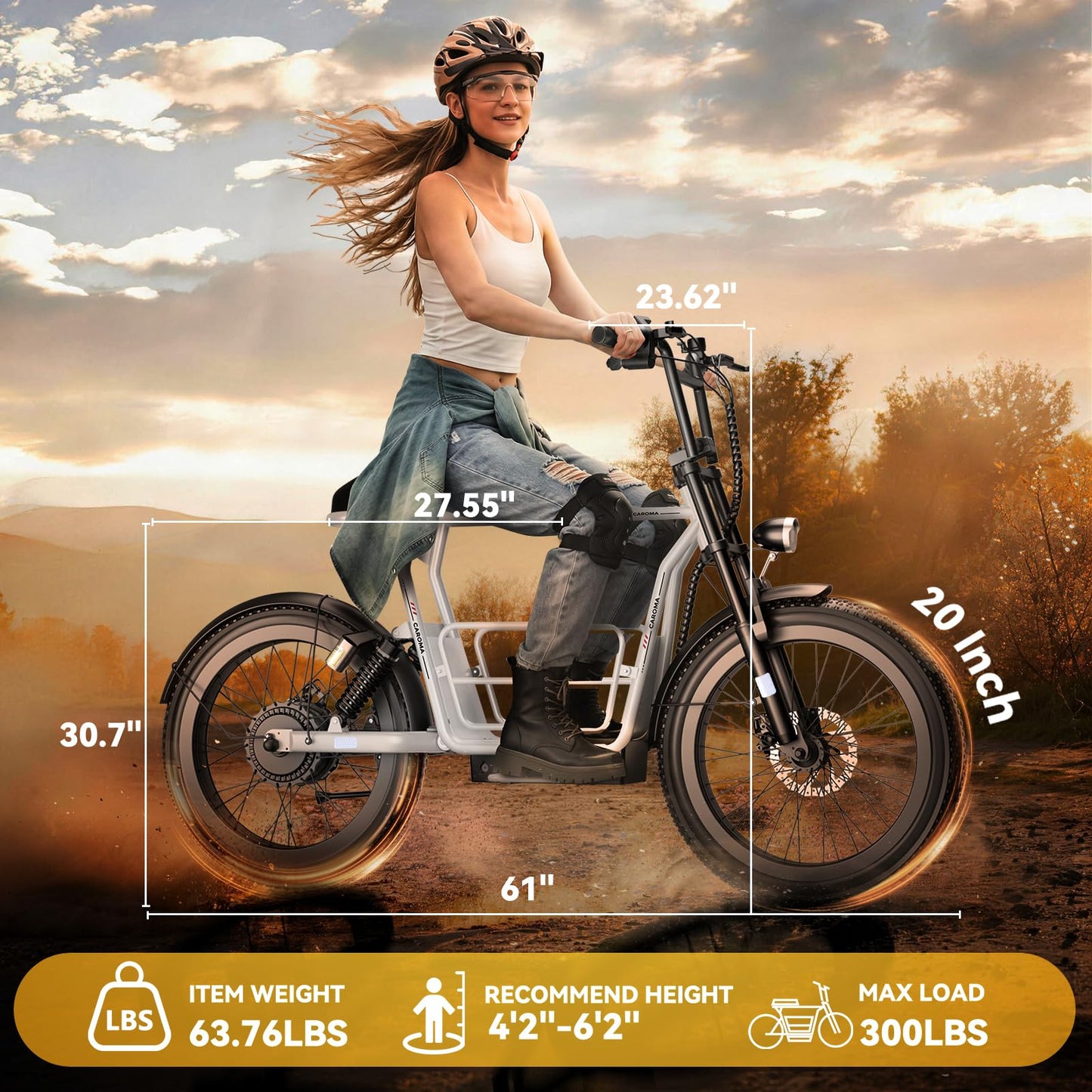 Caroma Electric Scooter for Adults with Seat Peak 1000W, 20" All-Terrain Fat Tire Electric Bike,Dual Shock Absorbing, 25 Miles & 20MPH Top Speed E-Scooter with Basket for Pet&Cargo,White
