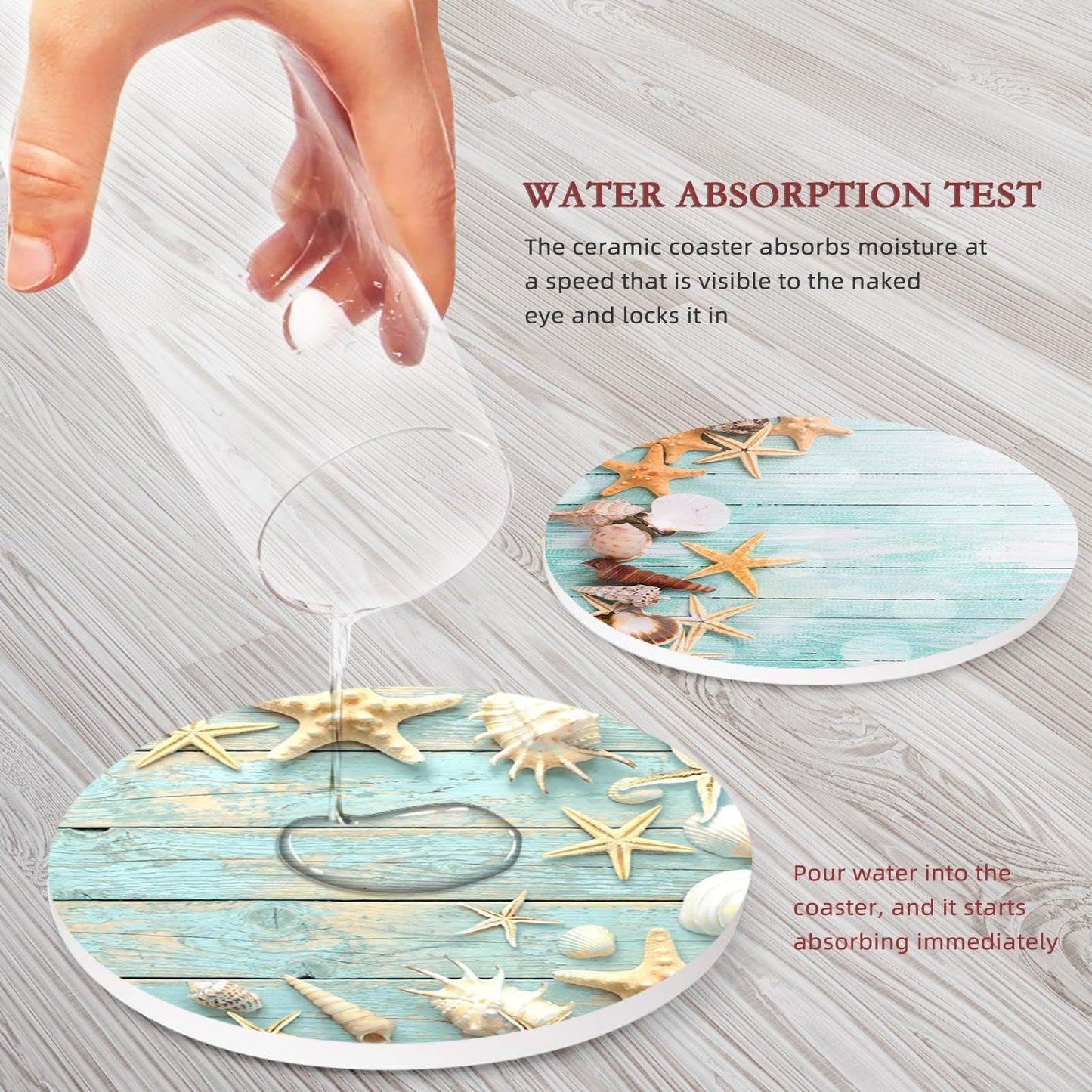 Britimes Coaster for Drinks Set of 6, Beach Seashells Wooden Nautical Wood Sand Table Coastal Absorbent Round Ceramic Stone Mat, with Cork Base and Metal Holder, Gift for Housewarming Room Bar Decor