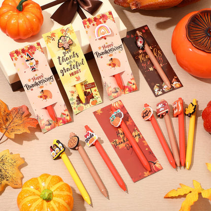 Engrowtic 24 Pcs Thanksgiving Day Gift Thanksgiving Cards with Pens Cute Cartoon Retractable Black Ink Pens Fall Greeting Card for Fall Party Favor Office School Supplies