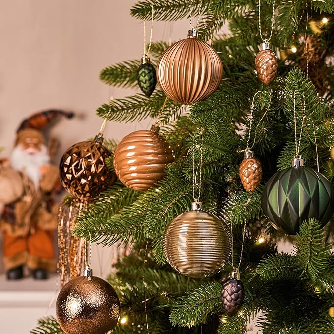 JORNOY Earth Tone Christmas Tree Ornaments - 3.12inch/80mm Shatterproof Ornaments for Christmas Tree Set Plastic Decorative Hanging Balls Ornaments for Xmas Tree Decorations, 32ct (Earth Tone)