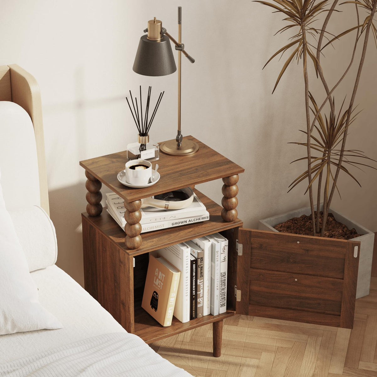 Veegle Nightstand,Modern Bedside Table with Storage Drawer and Open Wood Shelf, for Bedroom and Small Spaces,Night Stand with Solid Wood Legs (Walnut Brown)