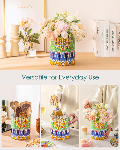 vancasso SIMI Utensil Holder, 7.3"+5.5" Porcelain Kitchen Utensil Holder for Countertop, Bohemian Kitchen Utensil Organizer for Spatulas, Spoons, Ladles, Decorative Counter Utensil Crock, Golden Bloom
