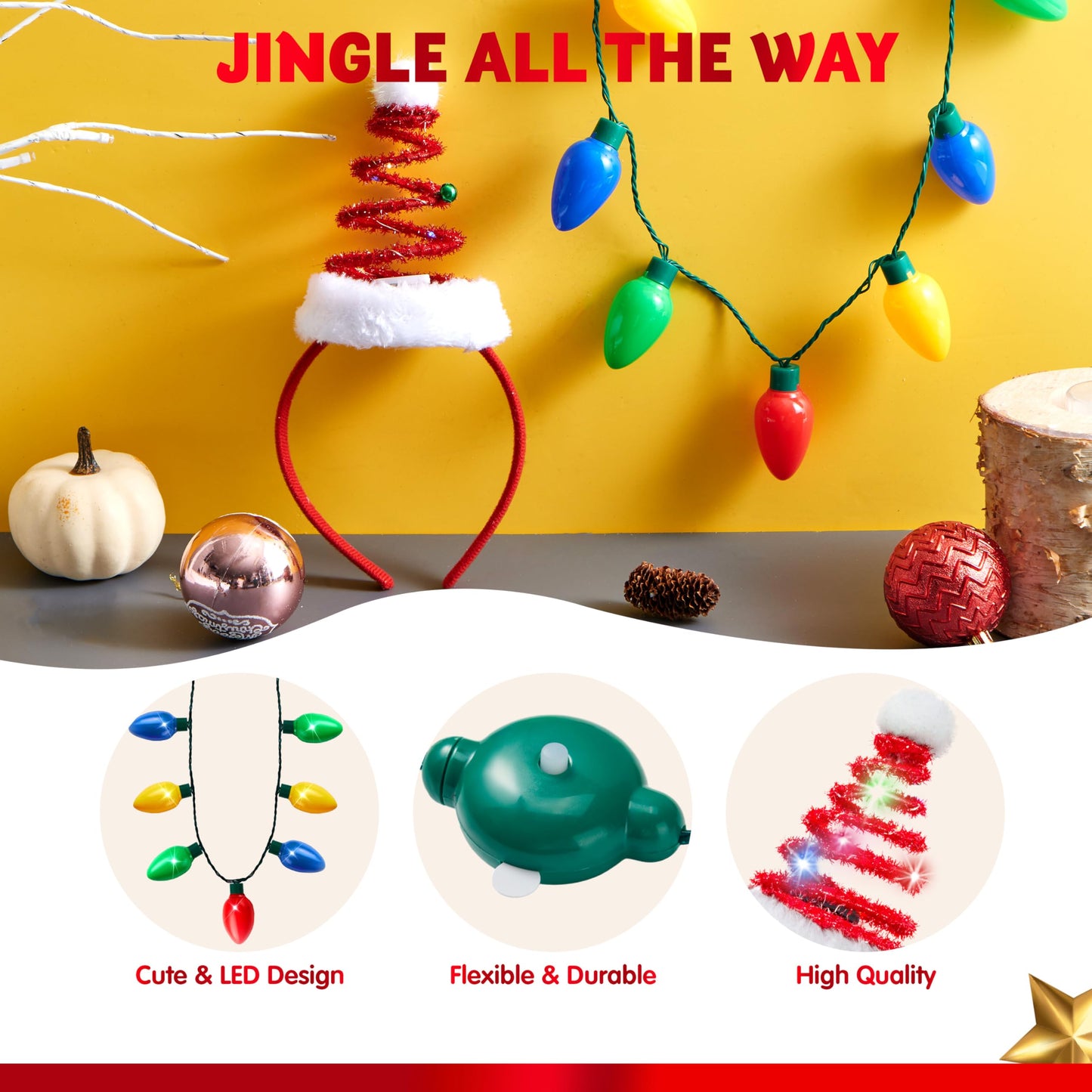 JOYIN 2 Pcs Christmas Lighted Necklace and Santa Hat Headband, Christmas LED Necklace with 9 Bulbs and Xmas Headwear for Holiday Perties Xmas Costume Accessories Party Favors
