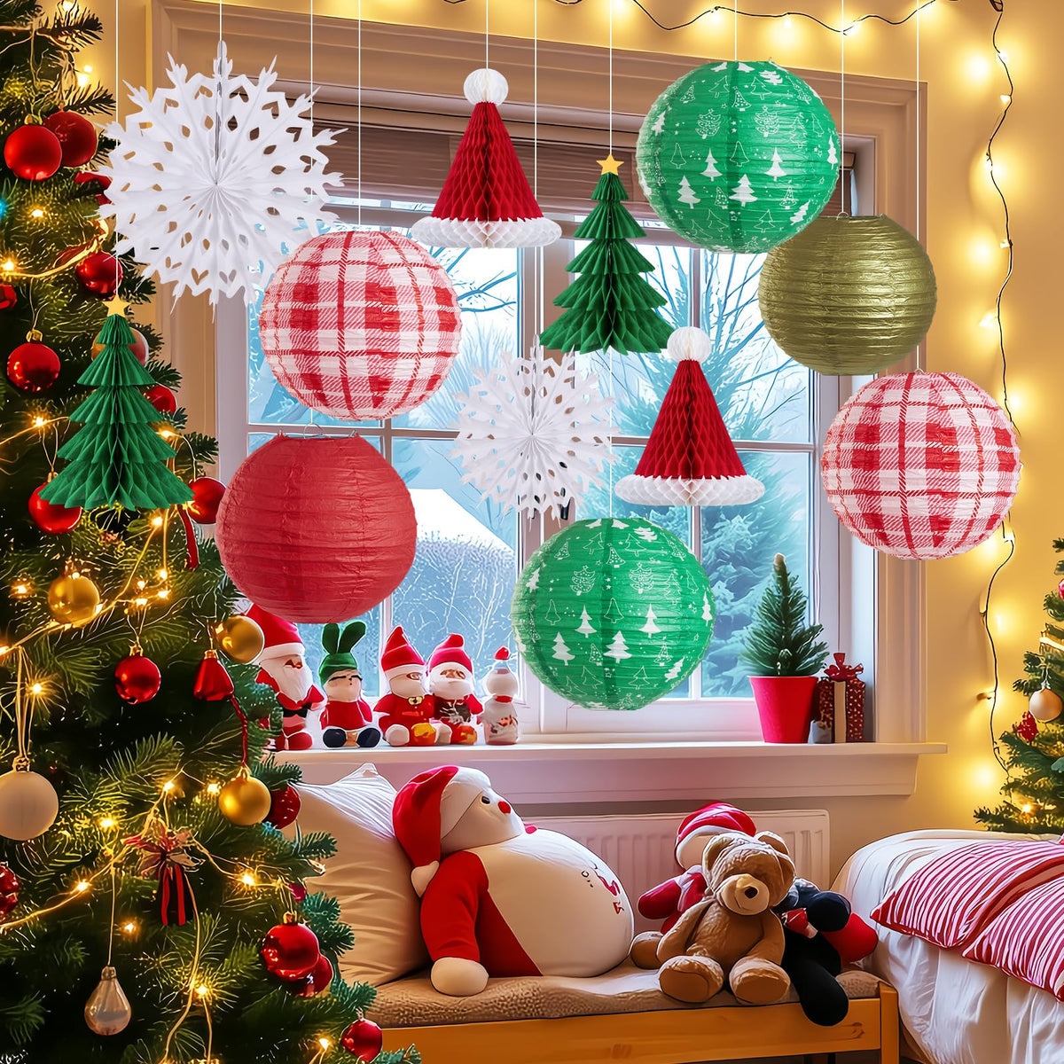 OBBOLO Christmas Hanging Decorations, 12 PCS Paper Lanterns, Honeycomb Christmas Trees, Hanging Paper Fans, Red Green Gold White Holiday Party Supplies for Home Xmas Holiday Party