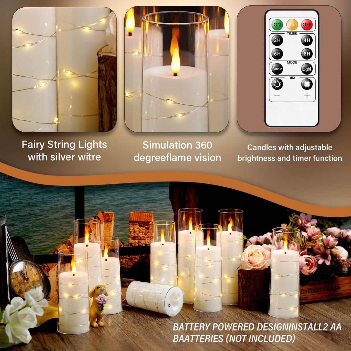kakoya Flameless LED Candles with Timer 9 Pc Flickering Flameless Candles for Romantic Ambiance and Home Decoration Stable Acrylic Shell,with Embedded Star String，Battery Operated Candles（White）