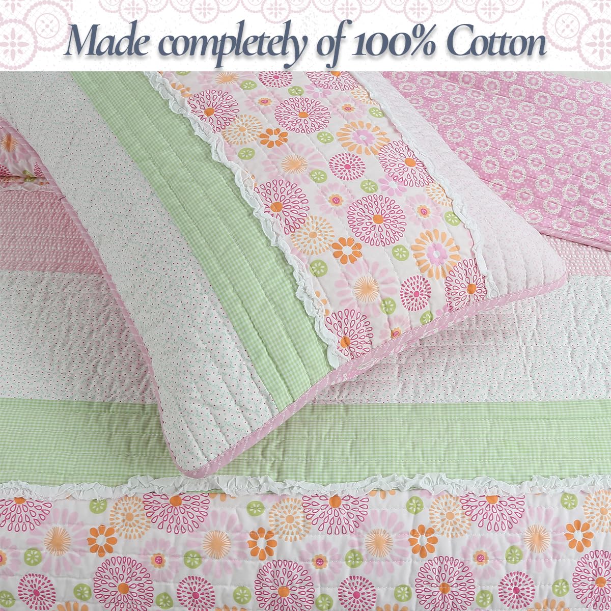 Cozy Line Home Fashions Pink Floral Quilt Set – 100% Cotton Reversible Bedding, Lightweight All-Season Bedspread Coverlet for Girls Kids Room, Queen Size