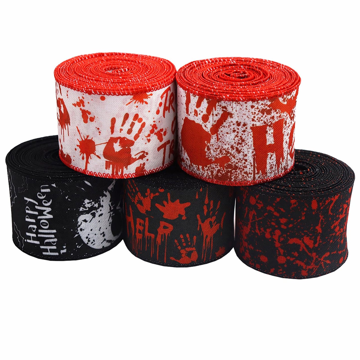 TMXAOK 5 Roll Halloween Wired Ribbon, 2.5 Inch Black White Skull Pattern Gift Wrapping Ribbons, Blood Handprint Decorative Ribbons for Crafts Bow Wreath Gift Wrapping Halloween Party Decor, 25 Yards