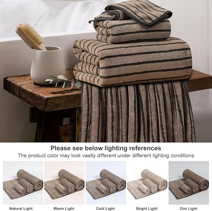 8 Pcs Polyester Brown Cabana Stripe Large Bath Towel Set-2 Bathroom Towels
