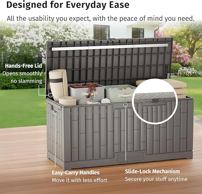 EAST OAK 120 Gallon Outdoor Storage Box | Large Resin Deck Box with Reinforced Stainless Steel Support | Waterproof & UV-Resistant Patio Storage Box for Cushions, Garden Tools & Pool Accessories, Grey