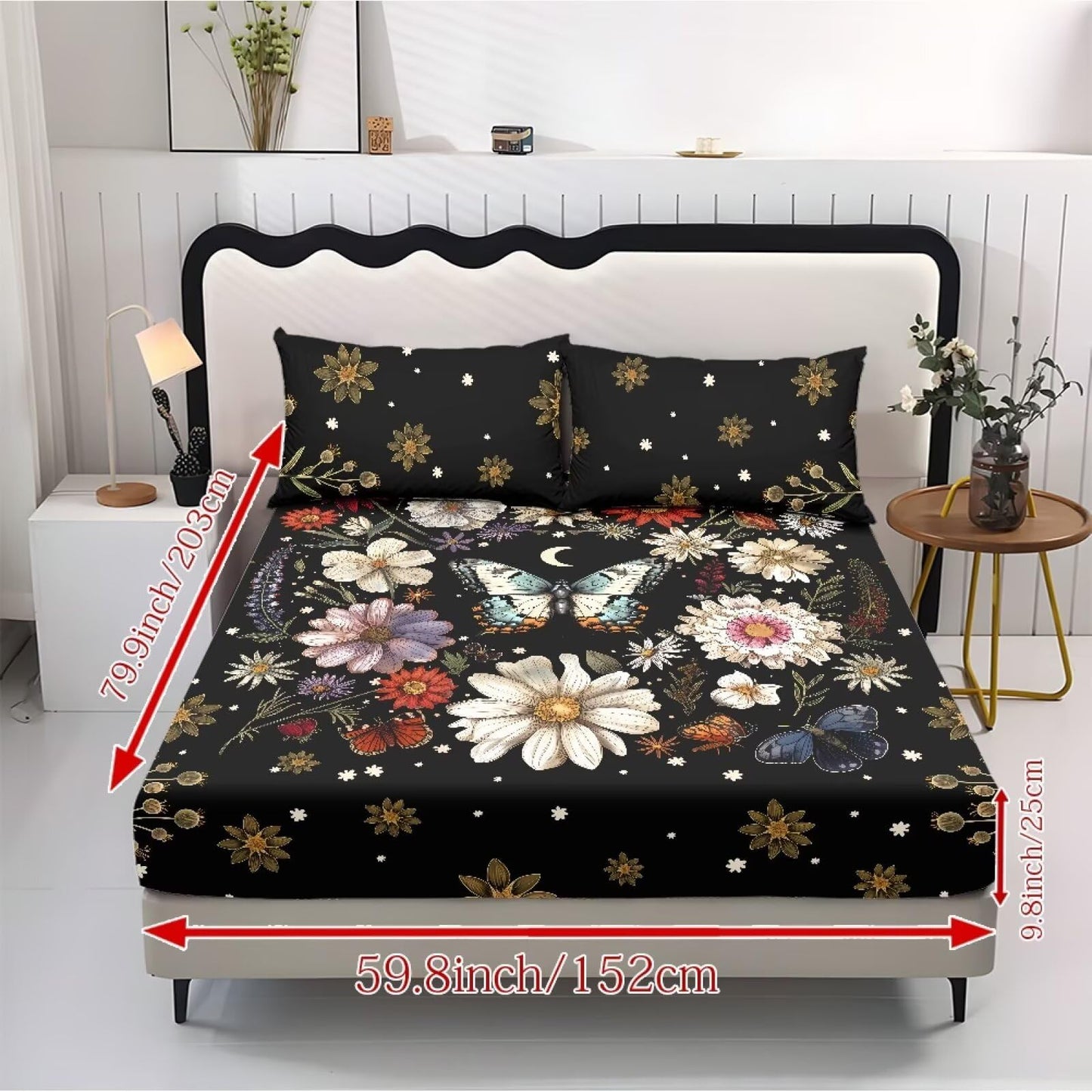 ZDCUSTOM Twin XL Size Floral Butterfly Sheets 3pcs Bedding Set for Girls Comfy & Wrinkle Free Fitted Sheet with 2 Pillowcases Black Bedsheet Easy Install Bedsheets, 39" x 79"