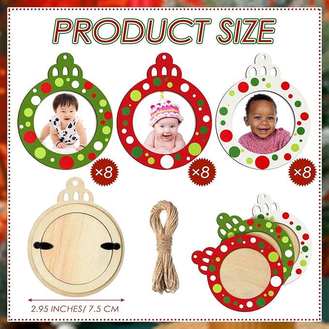 24 Pcs Christmas Pictures Frame Ornaments Bulk Wooden Red Green White Dots Christmas Photo Ornaments Hanging Picture Frames Memories Gifts Keepsake for Tree