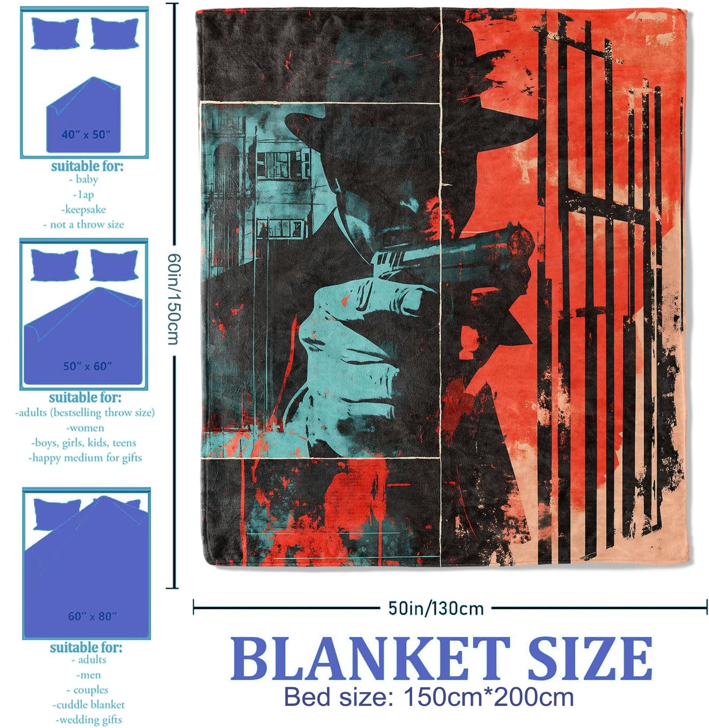 Plistiz Black Crime Throw Blanket 50"x60", Dark Urban Art Theme Blankets for Living Room Couch, Home Decor, Soft Flannel Crime Gifts for Adults and Women