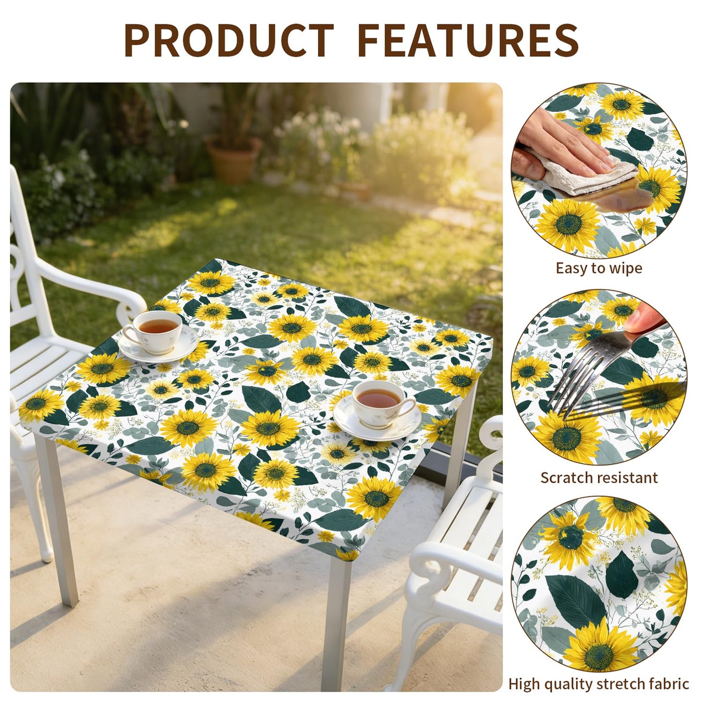 ARTSGOO Square Fitted Tablecloth with Elastic Edge Design Table Cover Waterproof Stain-Resistant Wipeable Table Cloth for Kitchen Dining Picnic Patio Outdoor Party Sunflower 34X34 Inch
