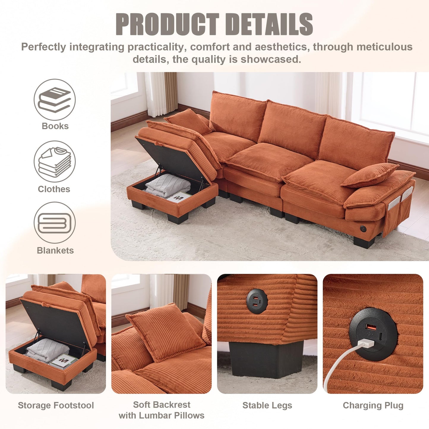 102" Oversized Cloud Modular Sectional Sofa with Movable Ottoman, Free Combination Convertible L Shaped Corner Couch Sets,Comfy Corduroy Upholstered Orange Sofa & Couch for Living Room