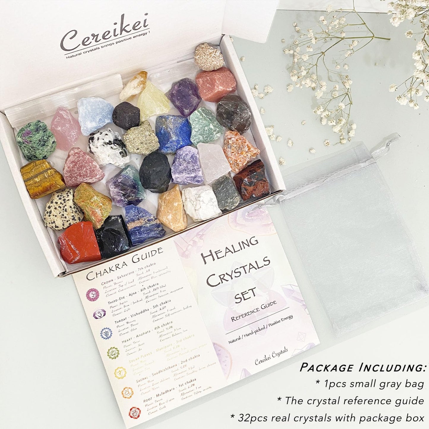 32 Natural Crystals and Healing Stones with Guide, Real Raw Crystals Set for Crystal Healing, Chakra, Meditation, Home Decor, Bulk Rough Stone Collection