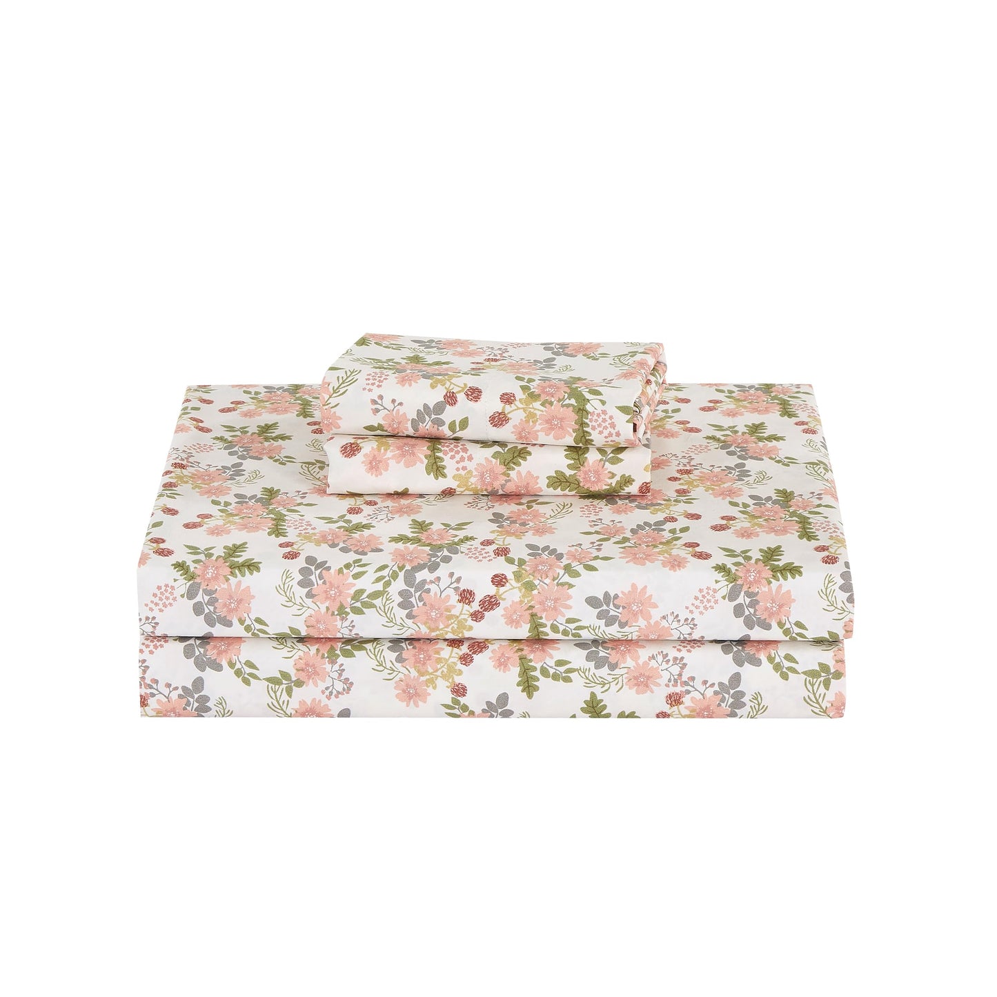 Chezmoi Collection Winika 4-Piece Floral Bed Sheet Set - Multicolor Pink Red Green Gray Floral Flowers Printed Microfiber 14-Inches Deep Pocket Sheets & Pillowcases Set, California King