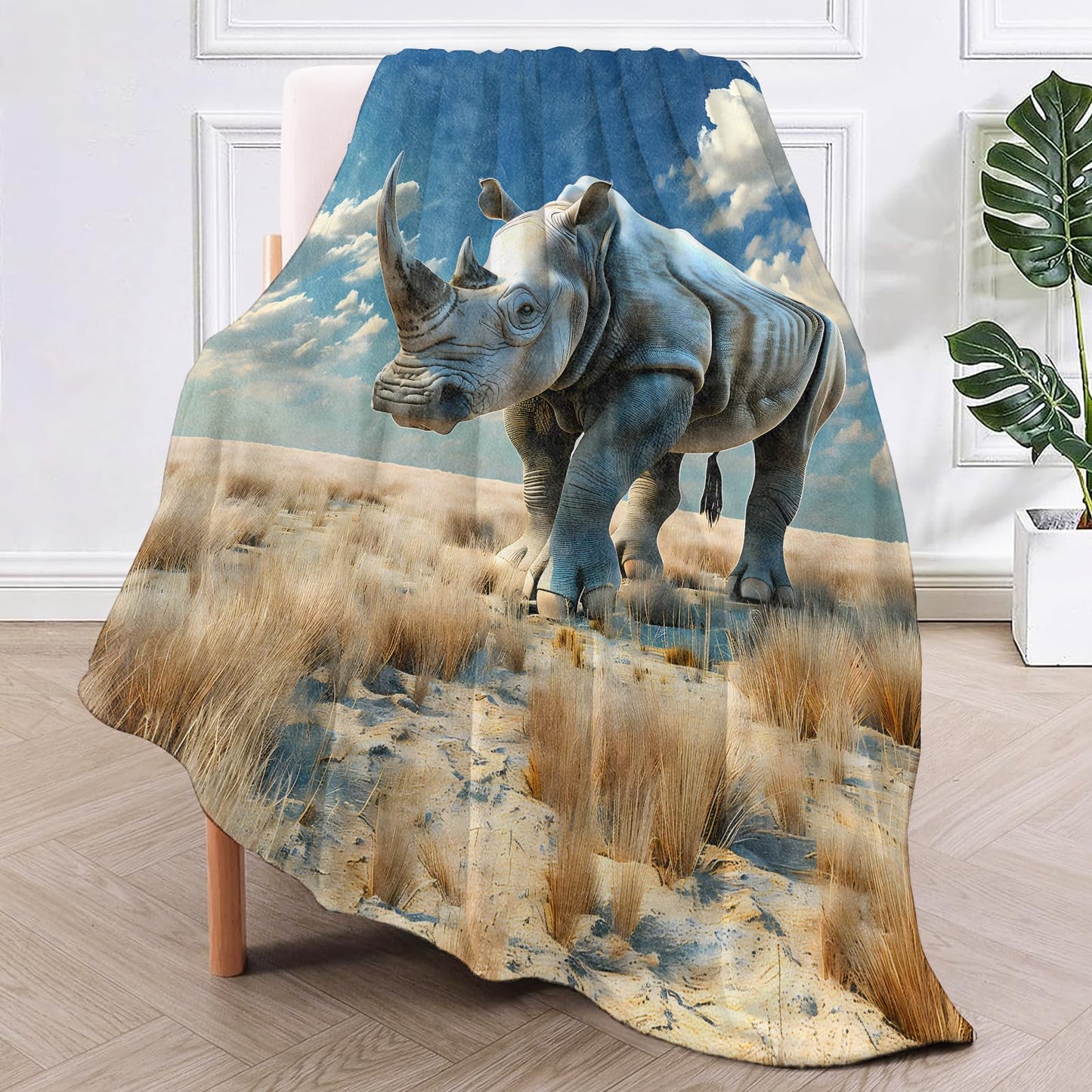 TRYYN Majestic Wilderness Rhino Throw Blanket for Couch Outdoor Camping Bedroom Decor, Bold Wildlife Theme, Super Soft Cozy Warm Lightweight Fleece Blankets Gifts for Kids Adults, 60x50 Inch